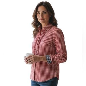 LILLY PULITZER GINGHAM CHECKERED RED WHITE BLUE PRINT RUFFLED LONG SLEEVE TOP 6